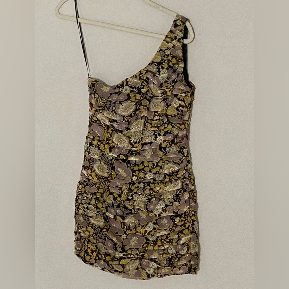 Zara One-Shoulder Dress in Purple and Gold Floral